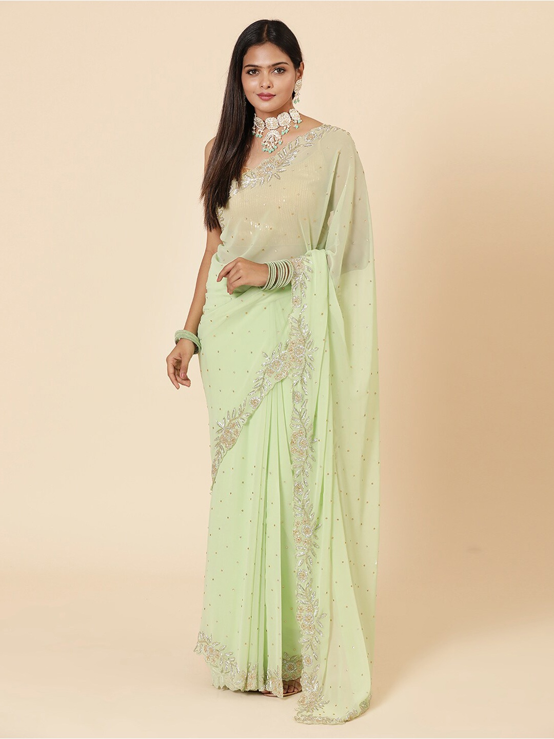 

Vervee Couture Embellished Beads and Stones Pure Georgette Saree, Green