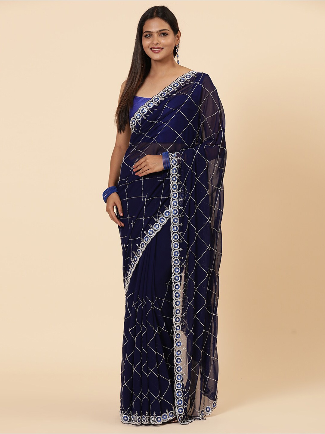 

Vervee Couture Beads and Stones Pure Georgette Saree, Navy blue