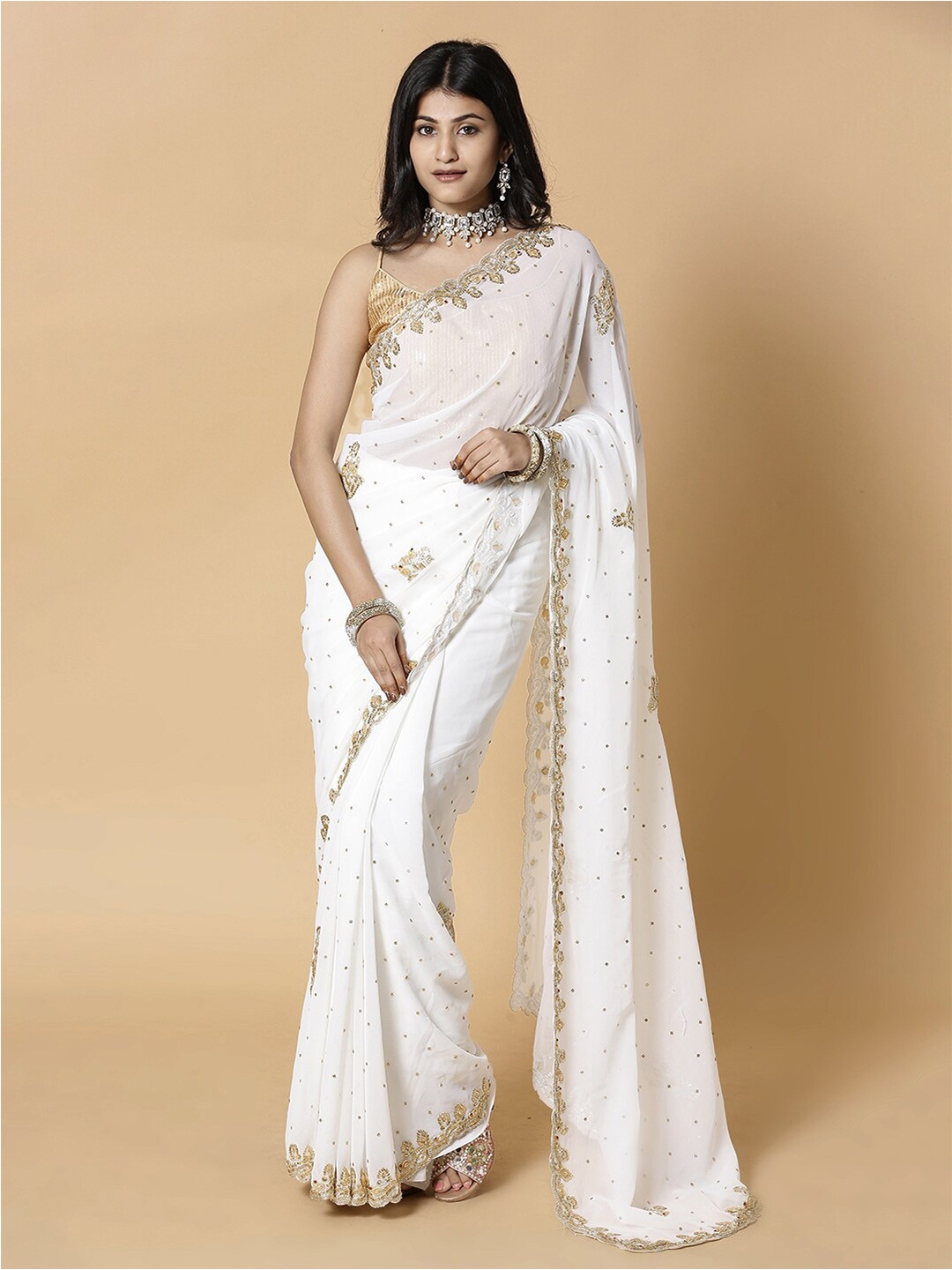 

Vervee Couture Embellished Beads and Stones Pure Georgette Saree, White