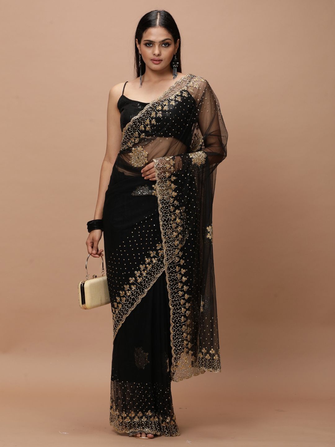 

Vervee Couture Embellished Beads and Stones Net Saree, Black