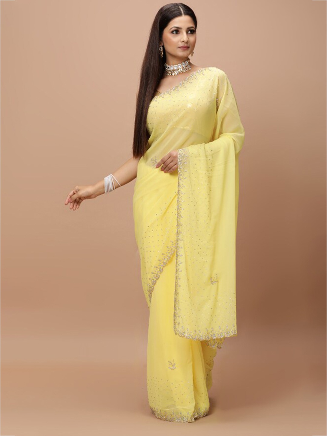 

Vervee Couture Embellished Beads and Stones Pure Georgette Saree, Yellow