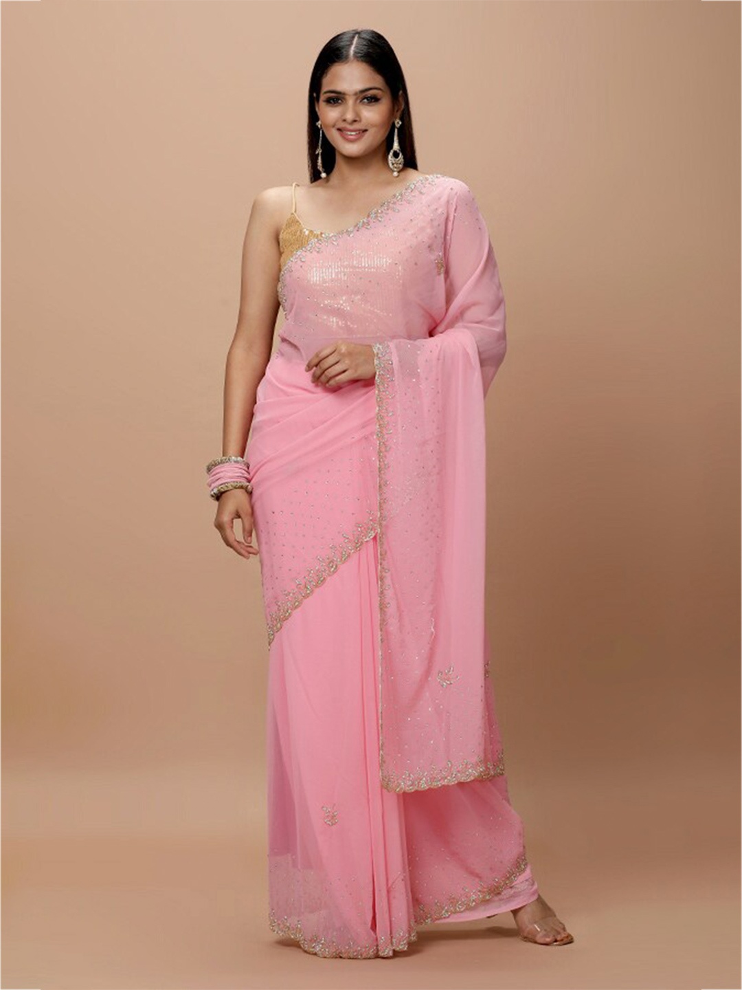 Vervee Couture Embellished Beads and Stones Pure Georgette Saree, Pink