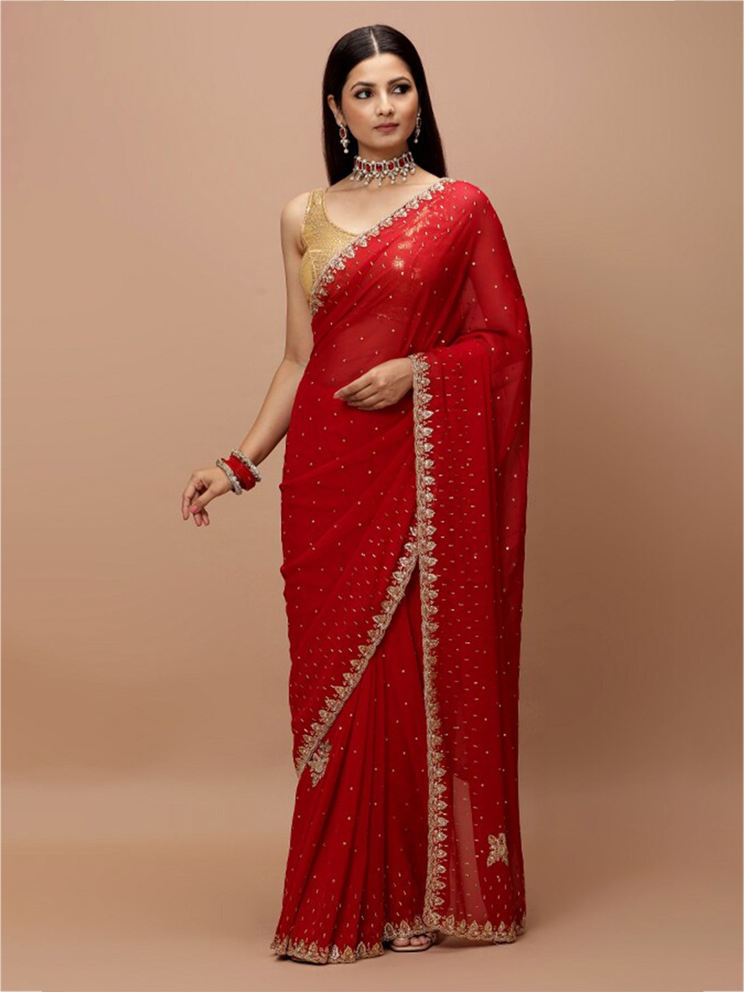 

Vervee Couture Embellished Beads and Stones Pure Georgette Saree, Red