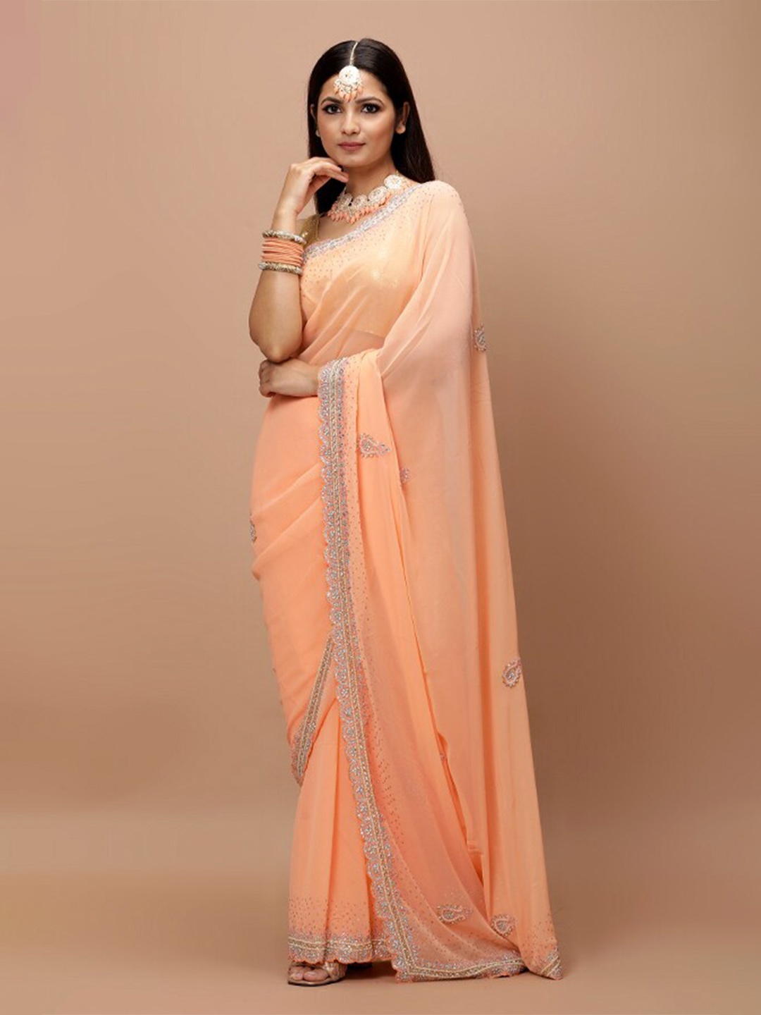 

Vervee Couture Embellished Beads and Stones Pure Georgette Saree, Peach