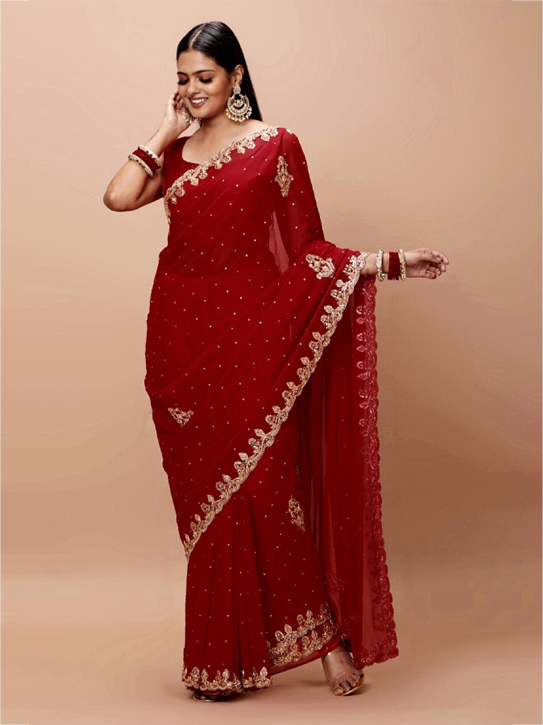

Vervee Couture Embellished Beads and Stones Pure Georgette Saree, Red