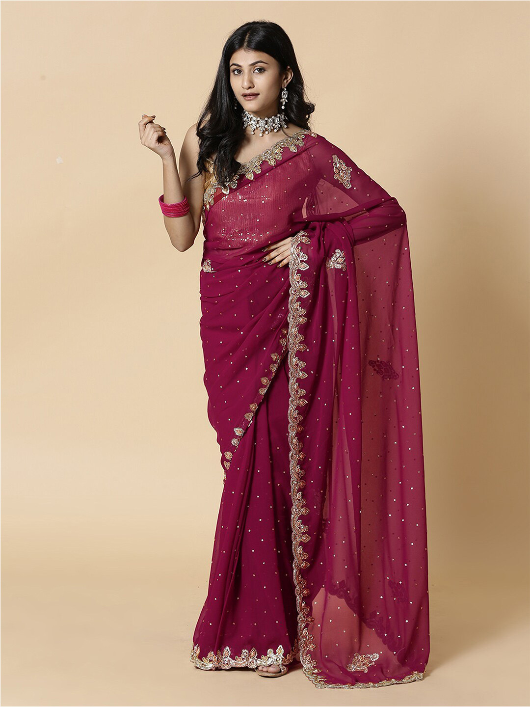 

Vervee Couture Embellished Beads and Stones Pure Georgette Saree, Purple