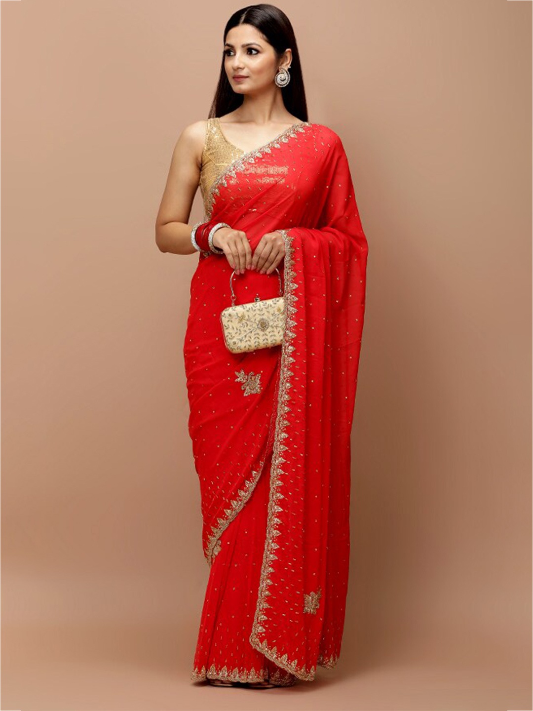 

Vervee Couture Embellished Beads and Stones Pure Georgette Saree, Red