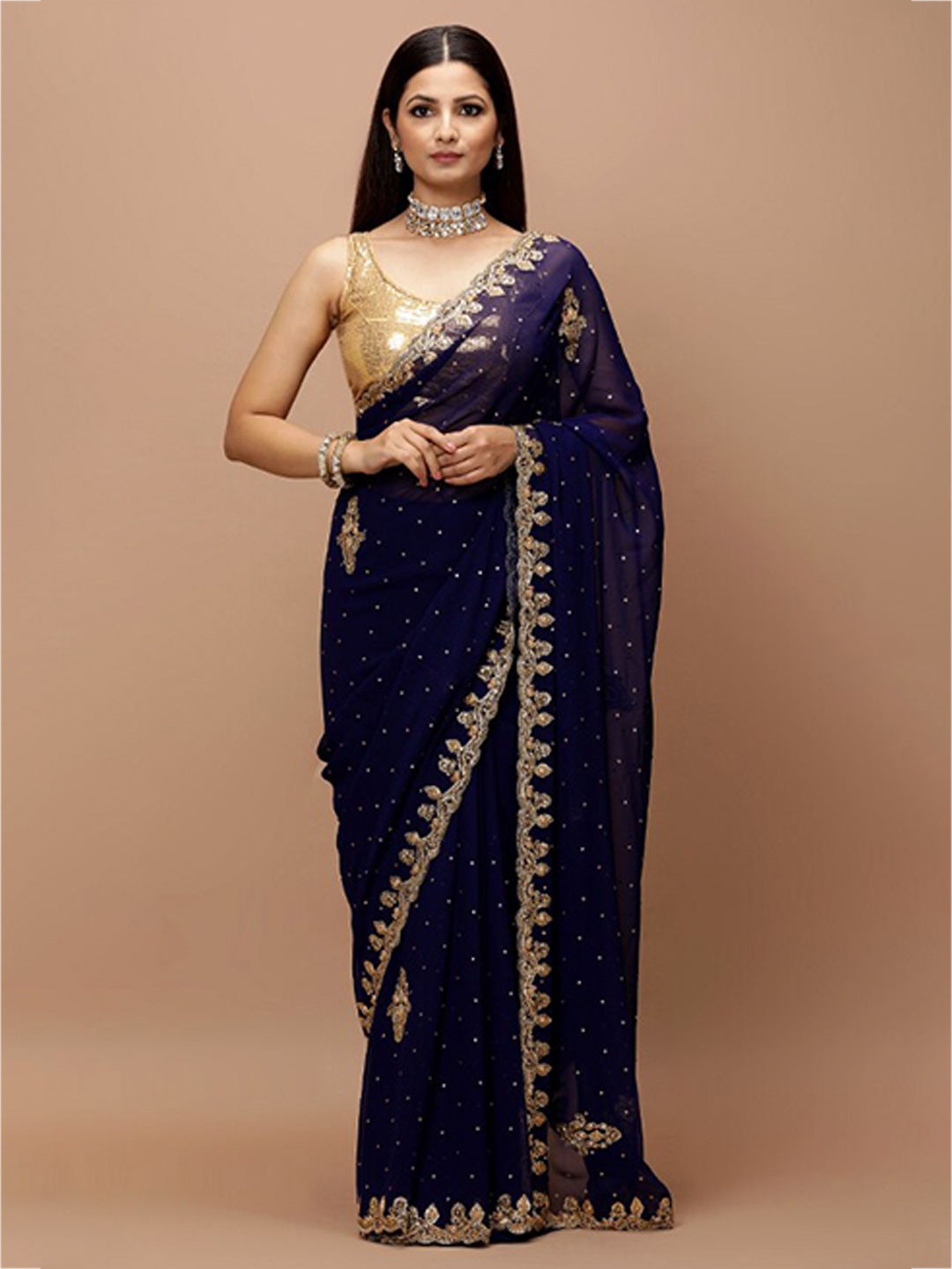 

Vervee Couture Embellished Beads and Stones Pure Georgette Saree, Navy blue