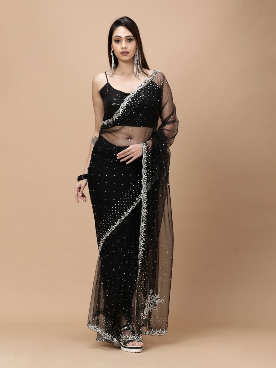 

Vervee Couture Embellished Beads and Stones Net Saree, Black