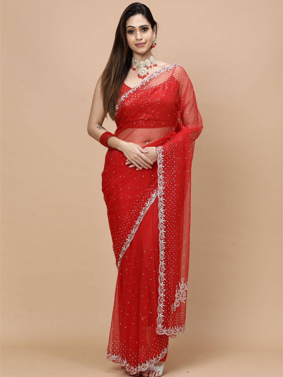 

Vervee Couture Embellished Beads and Stones Net Saree, Red