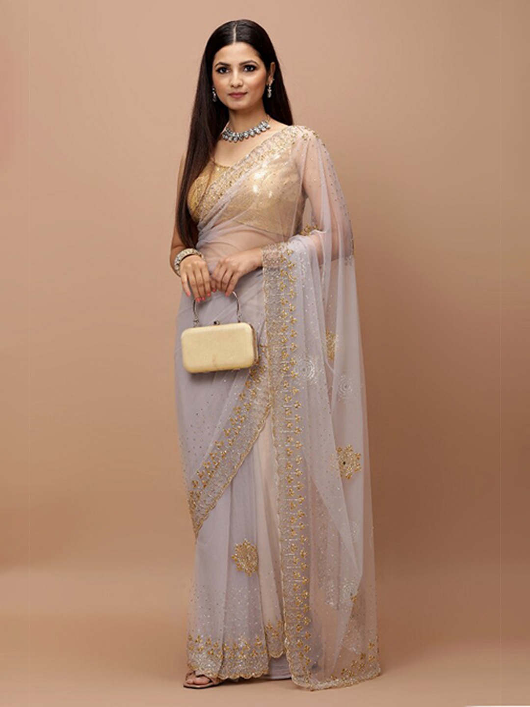 

Vervee Couture Embellished Beads and Stones Net Saree, Grey