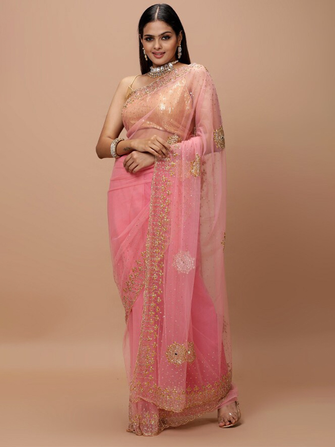 

Vervee Couture Embellished Beads and Stones Net Saree, Pink