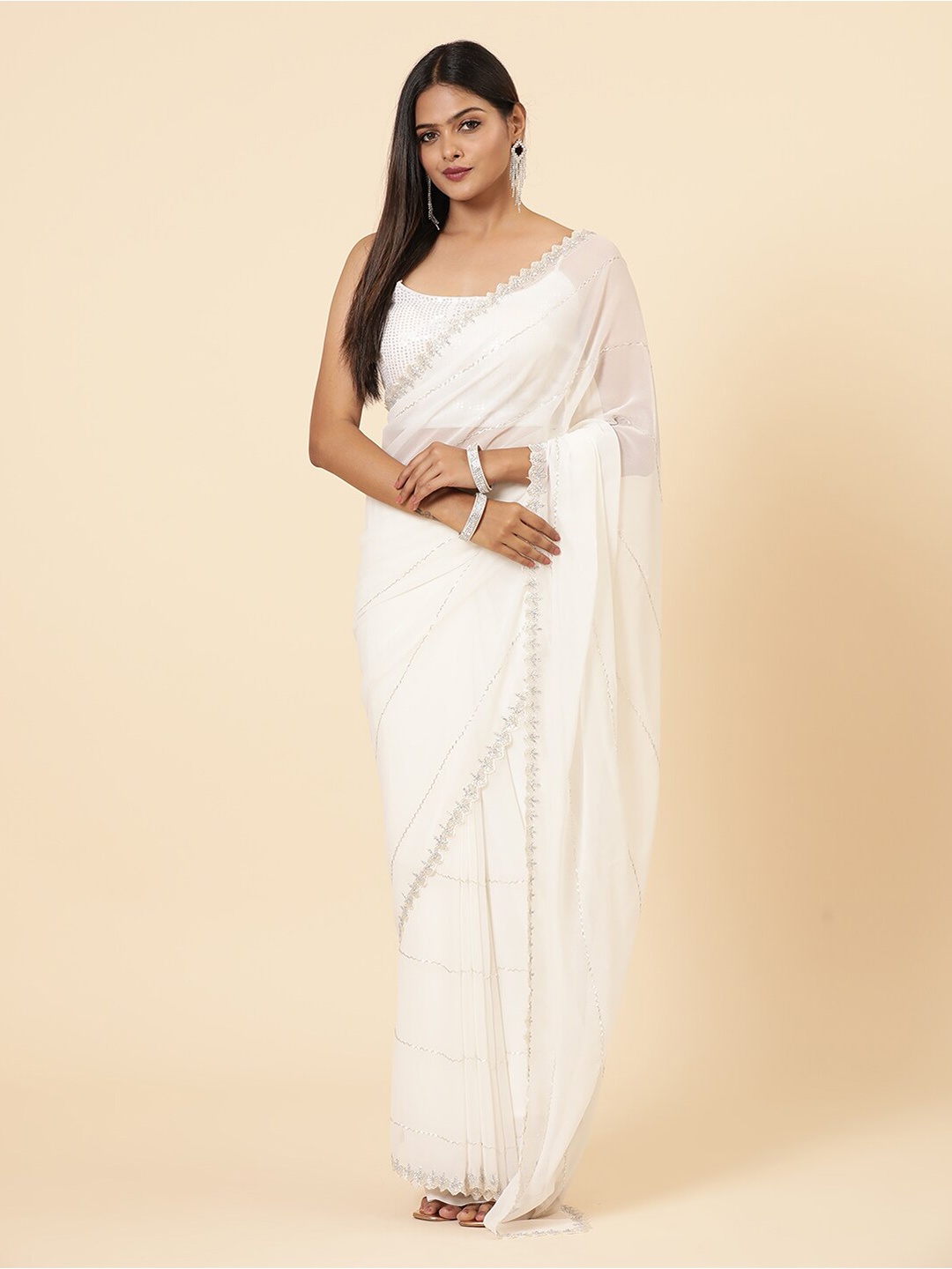 

Vervee Couture Embellished Beads and Stones Pure Georgette Saree, White