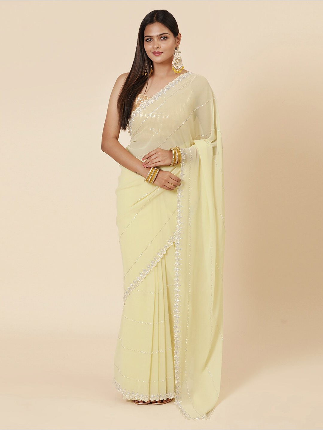 

Vervee Couture Embellished Beads and Stones Pure Georgette Saree, Yellow