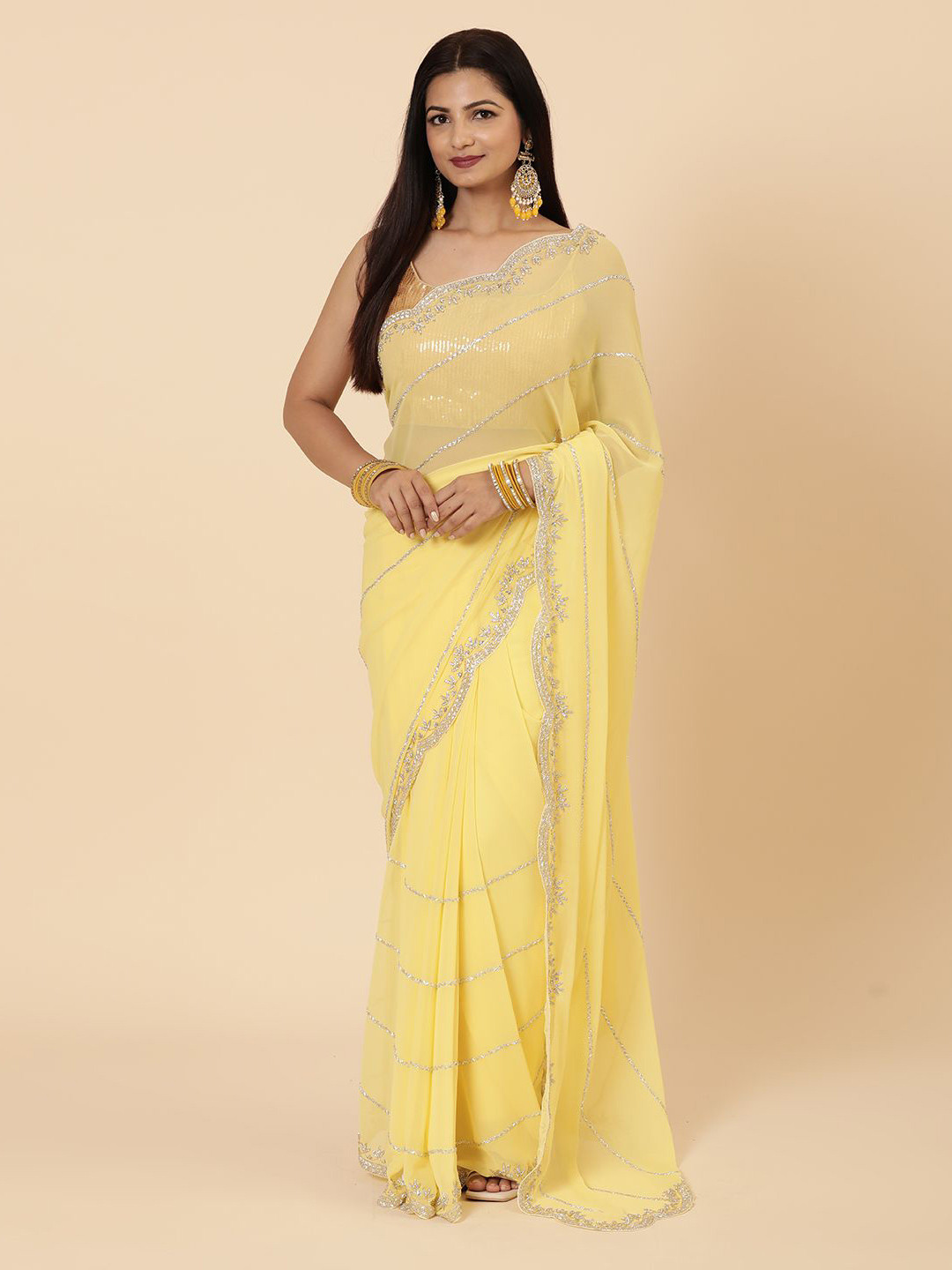 

Vervee Couture Embellished Beads and Stones Pure Georgette Saree, Yellow