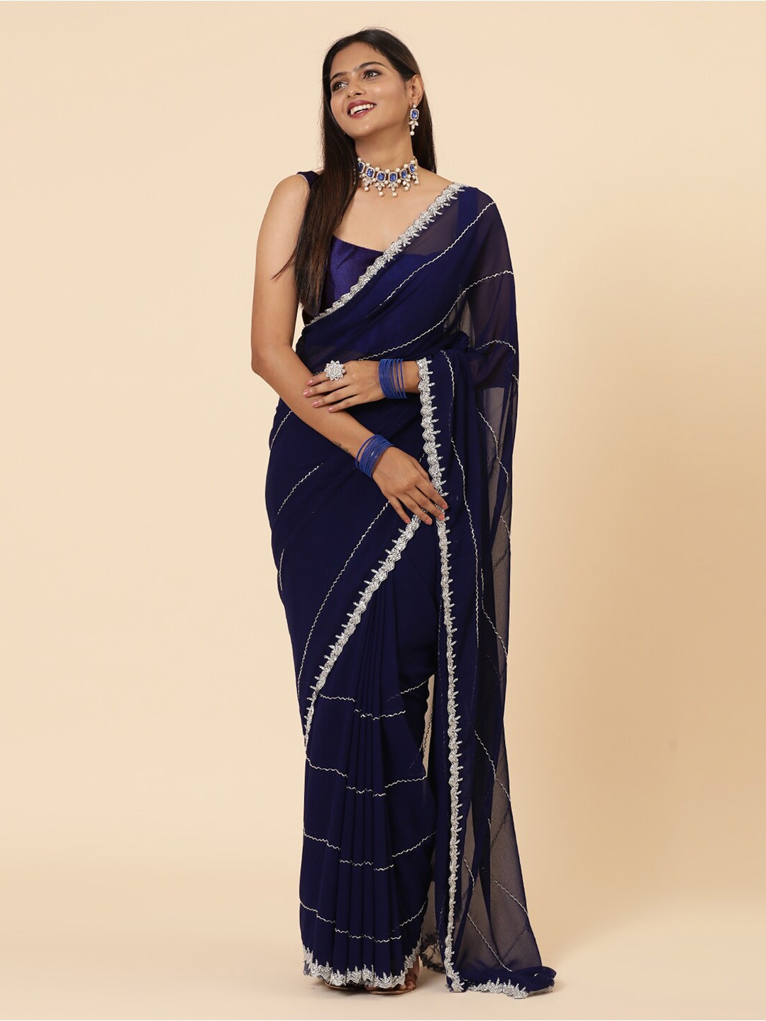 

Vervee Couture Embellished Beads and Stones Pure Georgette Saree, Navy blue