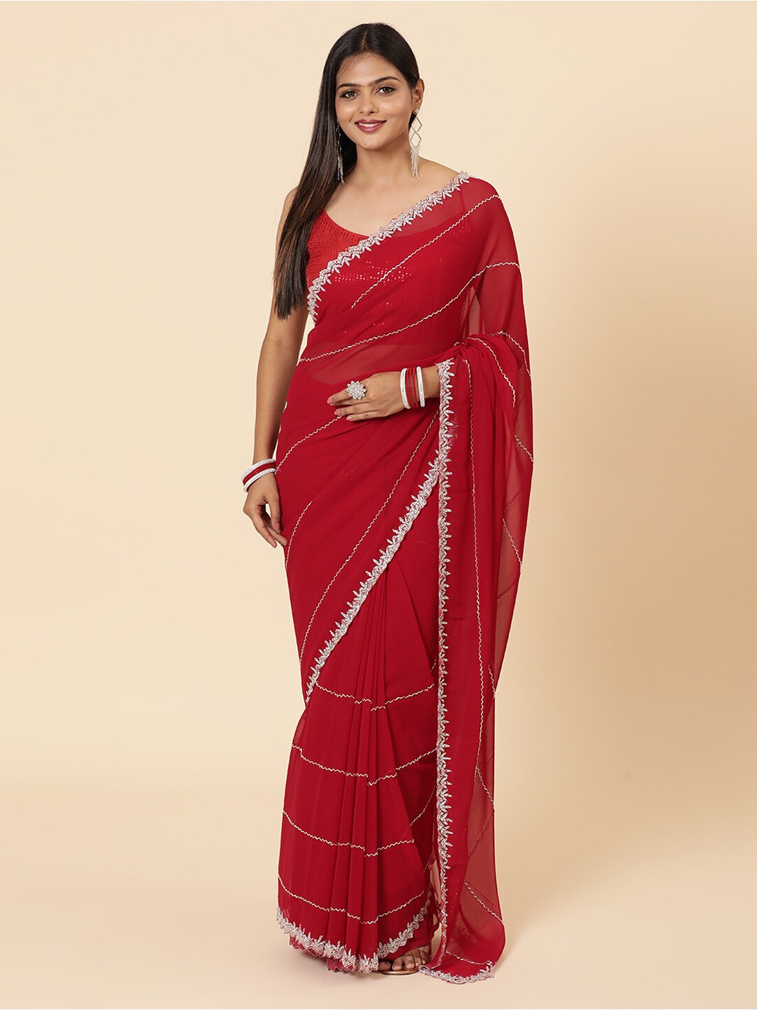 

Vervee Couture Embellished Beads and Stones Pure Georgette Saree, Red