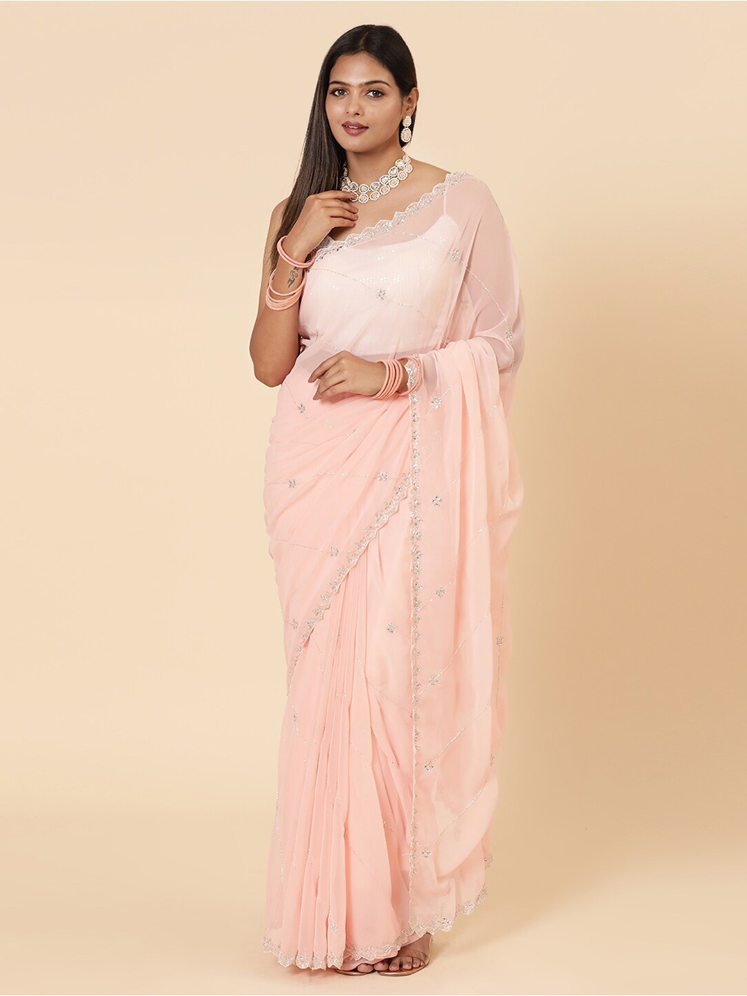 

Vervee Couture Embellished Beads and Stones Pure Georgette Saree, Peach