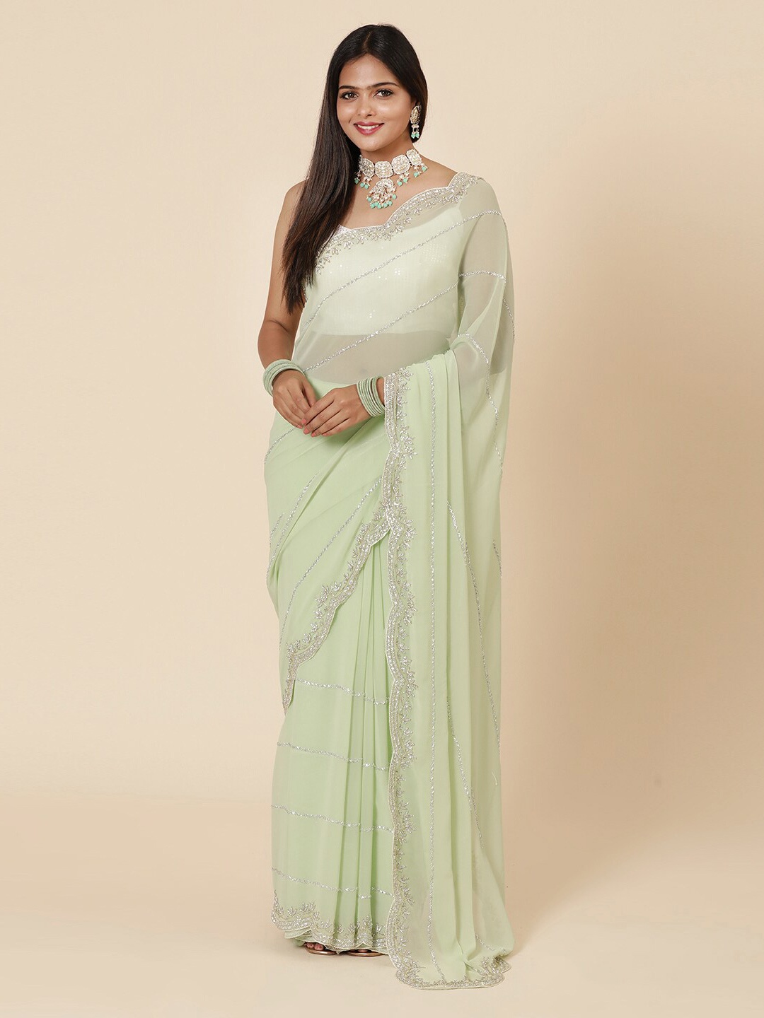 

Vervee Couture Embellished Beads and Stones Pure Georgette Saree, Green