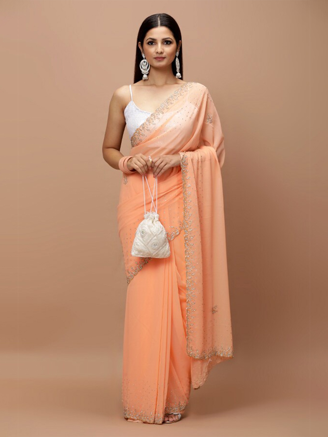 

Vervee Couture Embellished Beads and Stones Pure Georgette Saree, Peach
