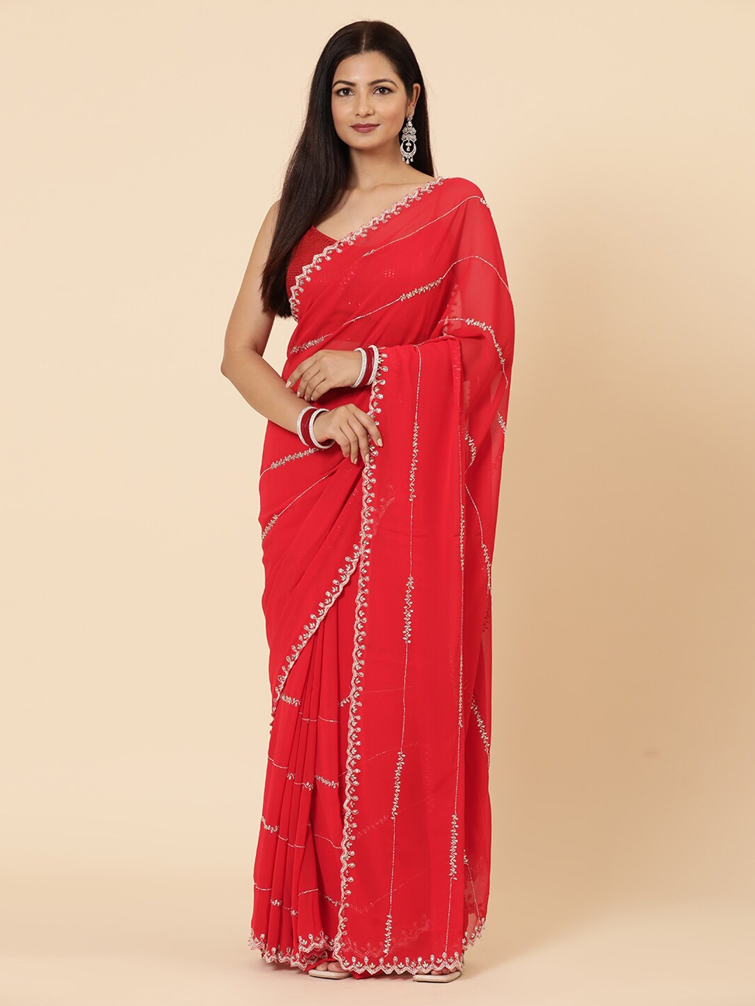 

Vervee Couture Embellished Beads and Stones Pure Georgette Saree, Red