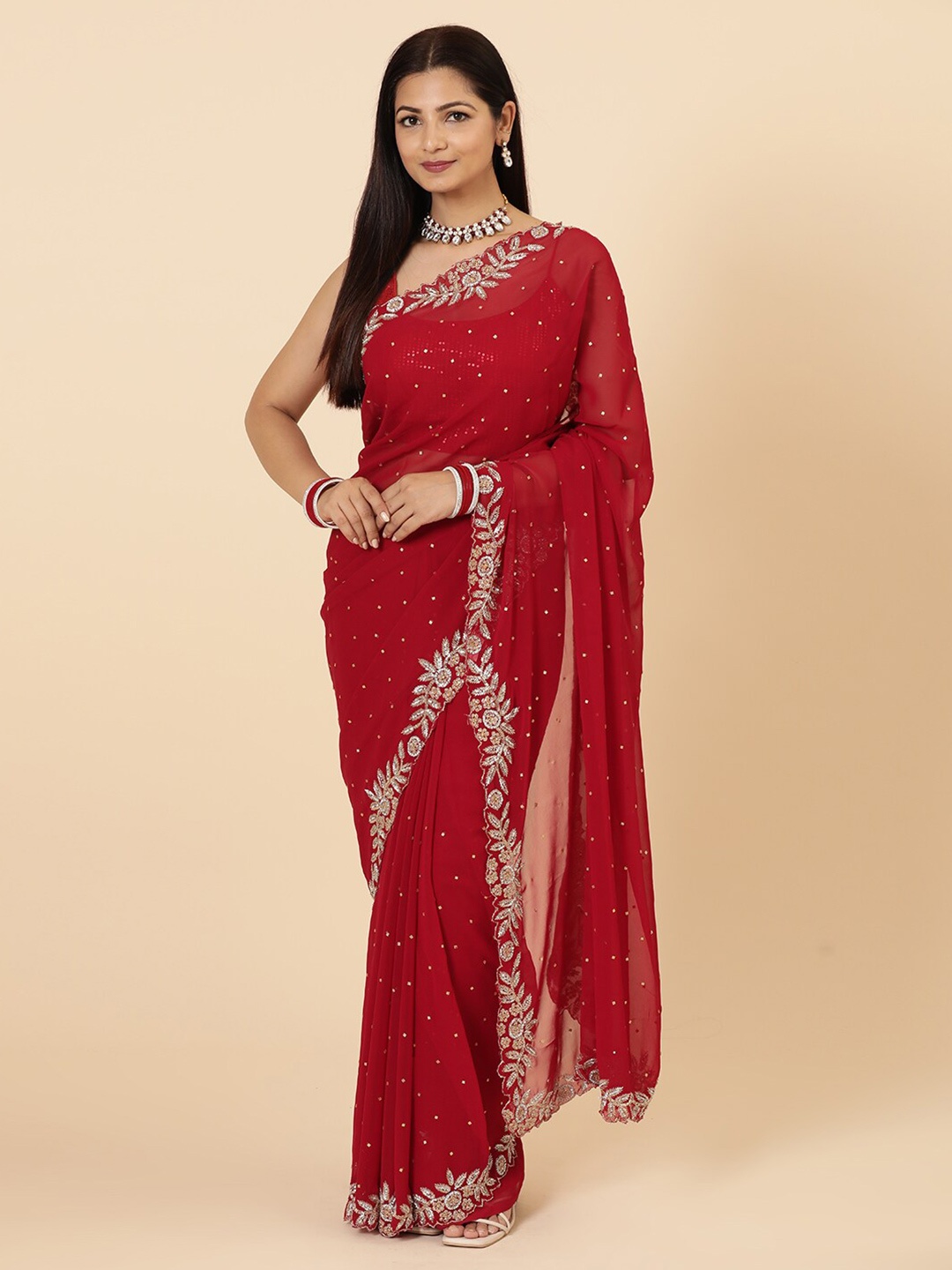 

Vervee Couture Embellished Beads and Stones Pure Georgette Half and Half Saree, Red