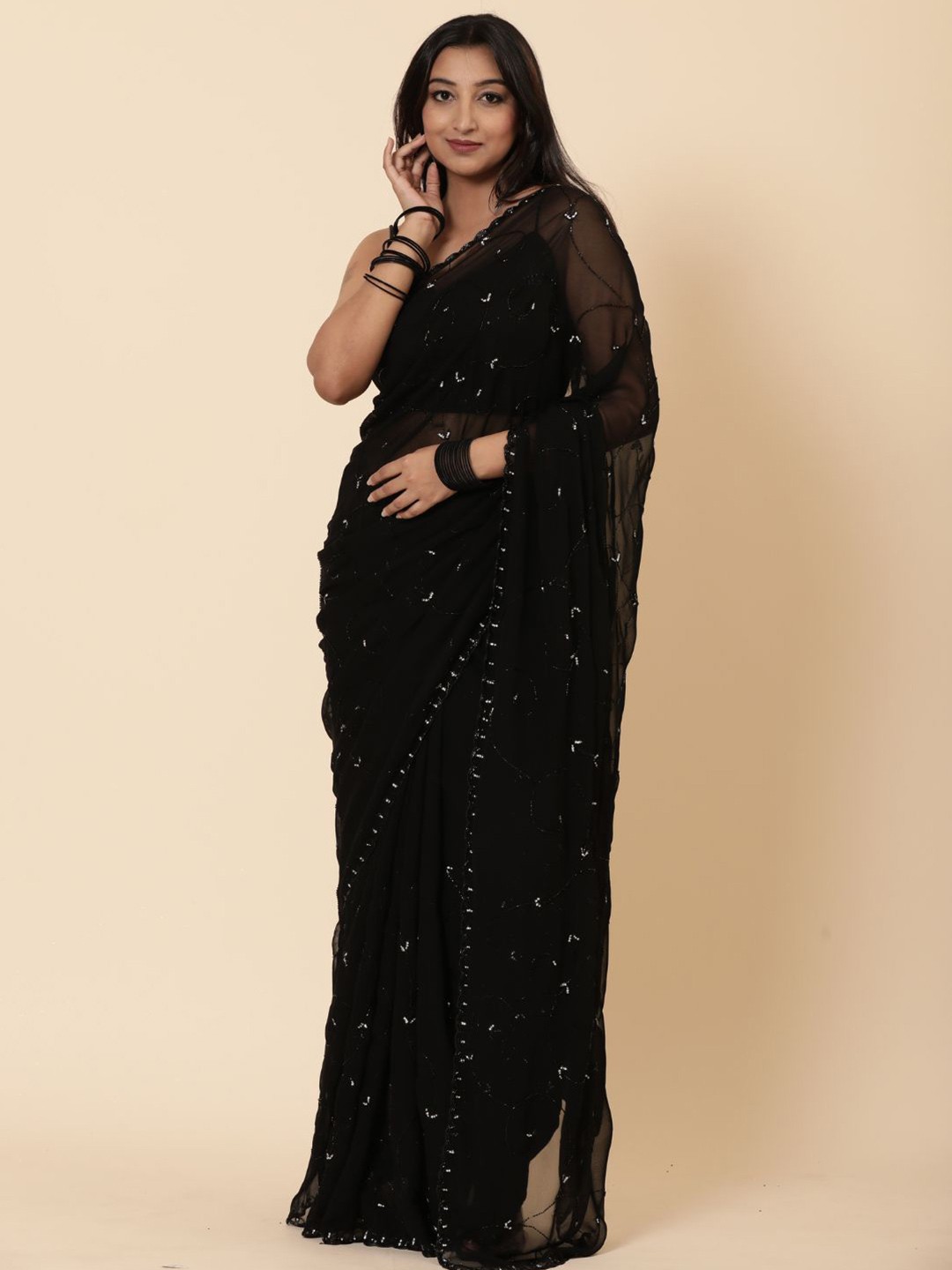 Vervee Couture Embellished Beads and Stones Pure Georgette Saree, Black