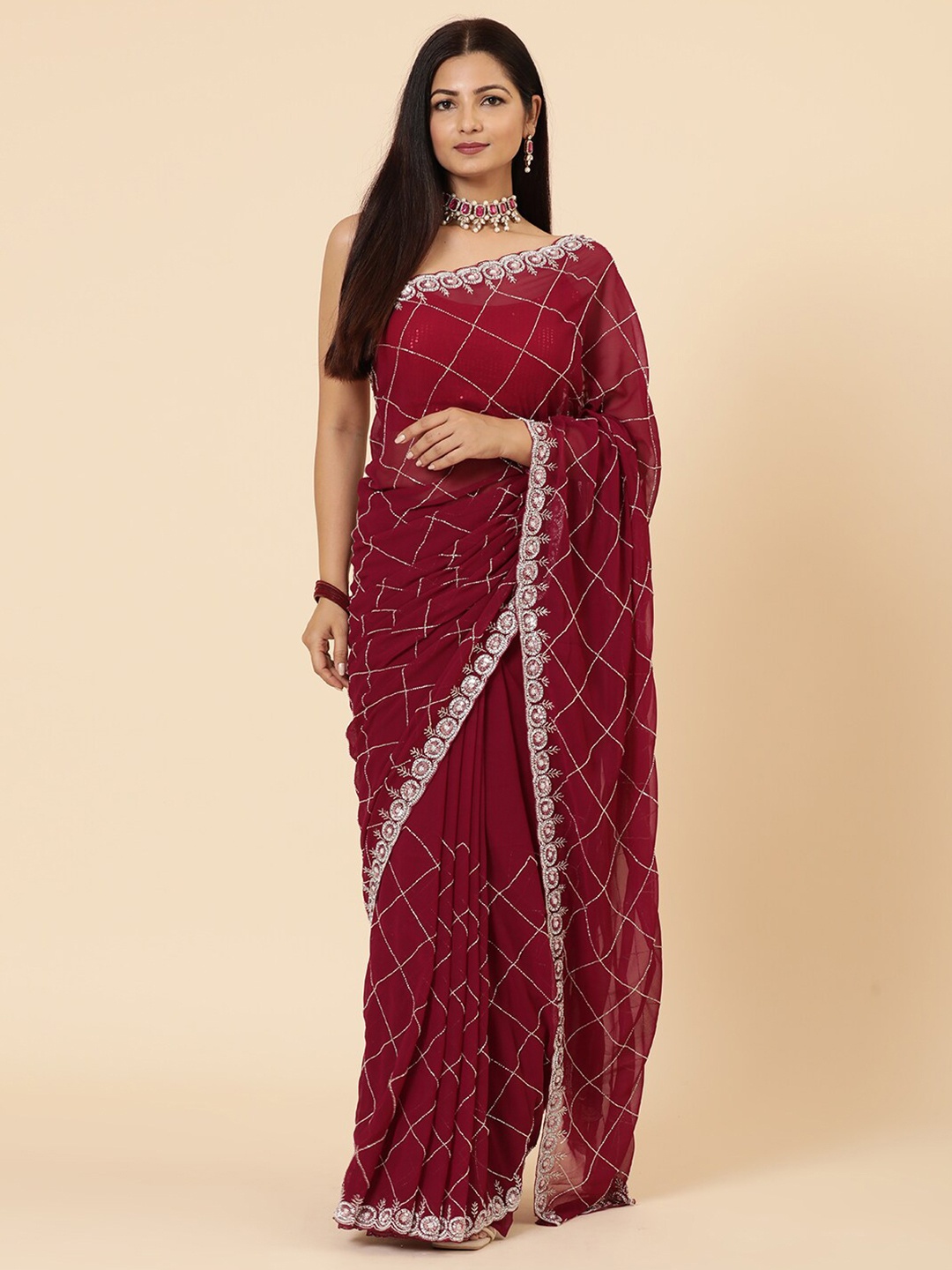 

Vervee Couture Embellished Beads and Stones Pure Georgette Saree, Burgundy