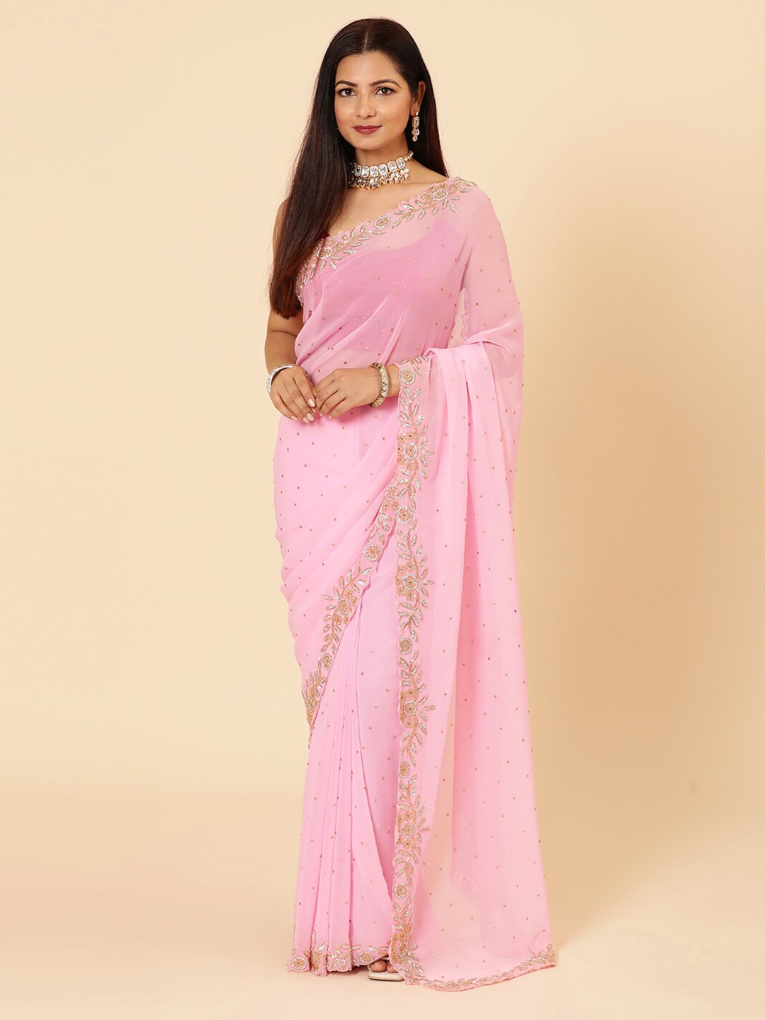 

Vervee Couture Embellished Beads and Stones Pure Georgette Saree, Pink