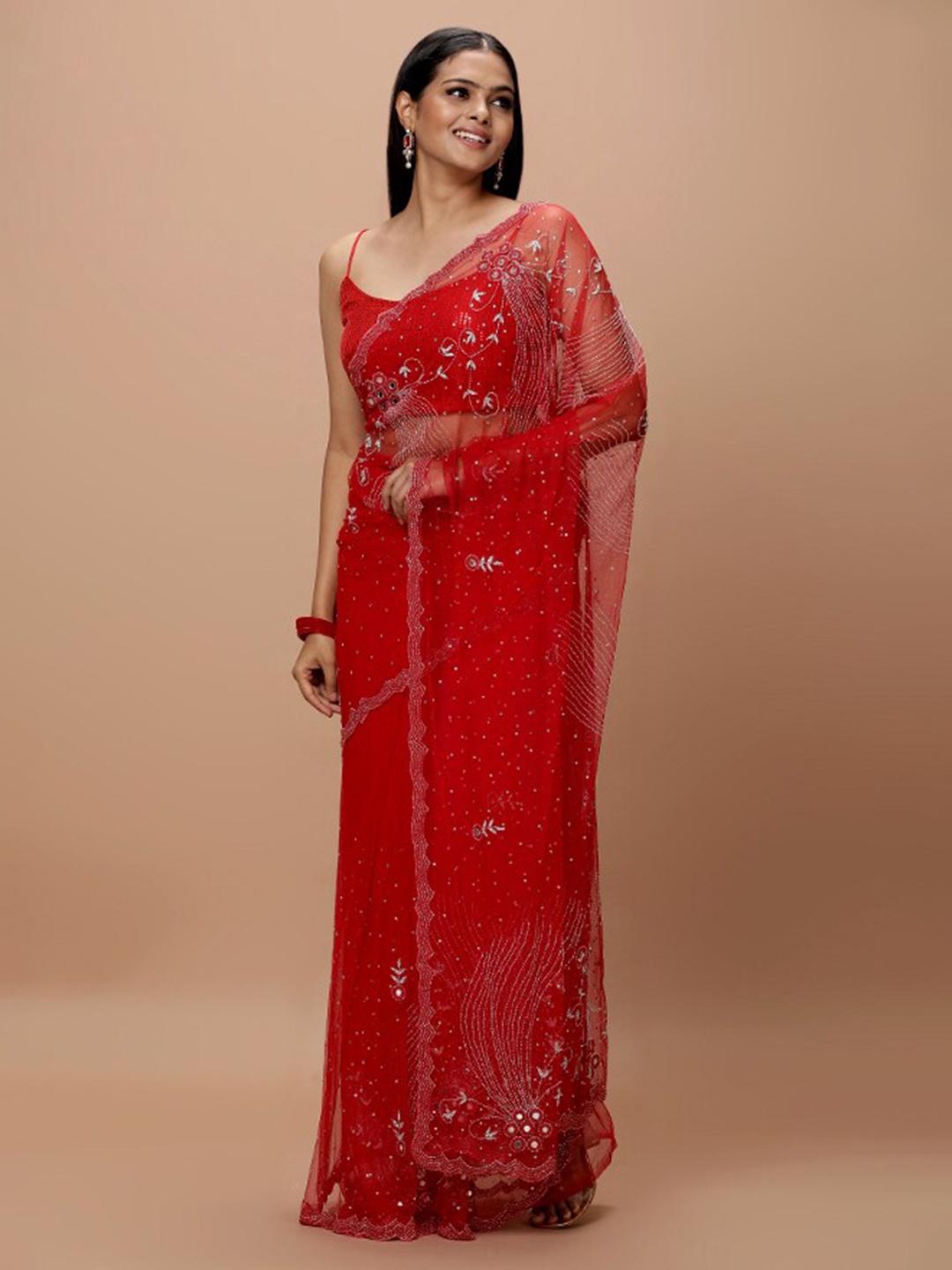 

Vervee Couture Embellished Beads and Stones Net Saree, Red