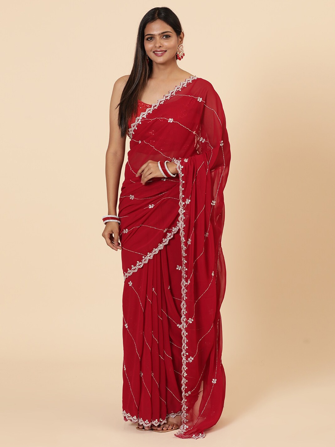 

Vervee Couture Embellished Beads and Stones Pure Georgette Saree, Red