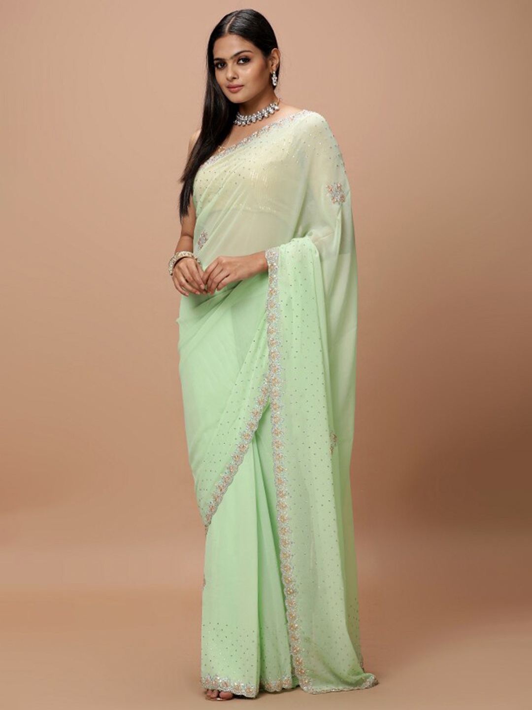 

Vervee Couture Embellished Beads and Stones Pure Georgette Saree, Green