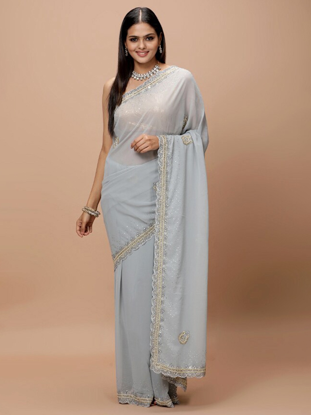 

Vervee Couture Embellished Beads and Stones Pure Georgette Saree, Grey