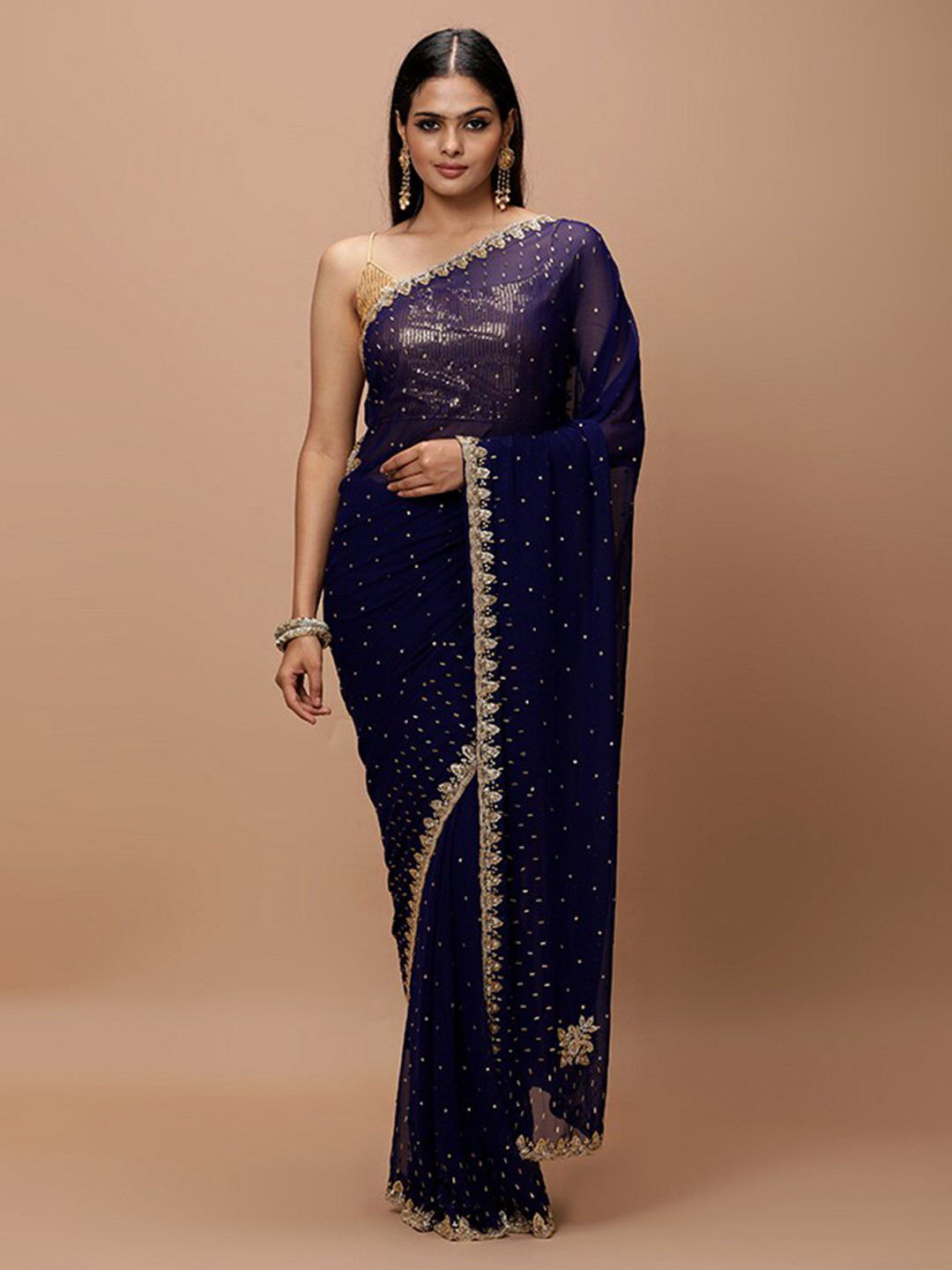 

Vervee Couture Embellished Beads and Stones Pure Georgette Saree, Blue