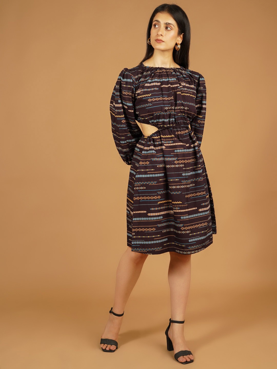 

Talethread Geometric Puff Sleeve Cut-Outs Detail Pure Cotton A-Line Dress, Brown