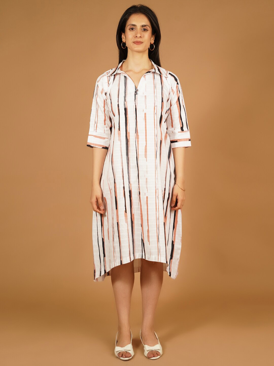 

Talethread Striped Shirt Collar Pure Cotton A-Line Midi Dress, White