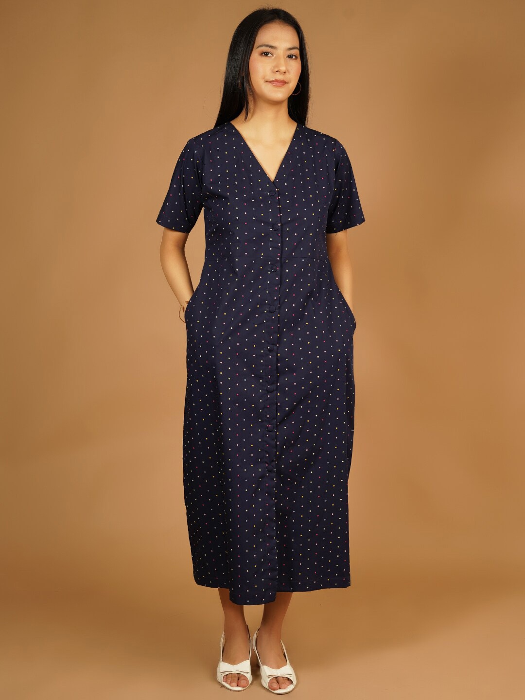 

Talethread Polka Dot Print Short Sleeves V-Neck Cotton A-Line Midi Dress, Blue