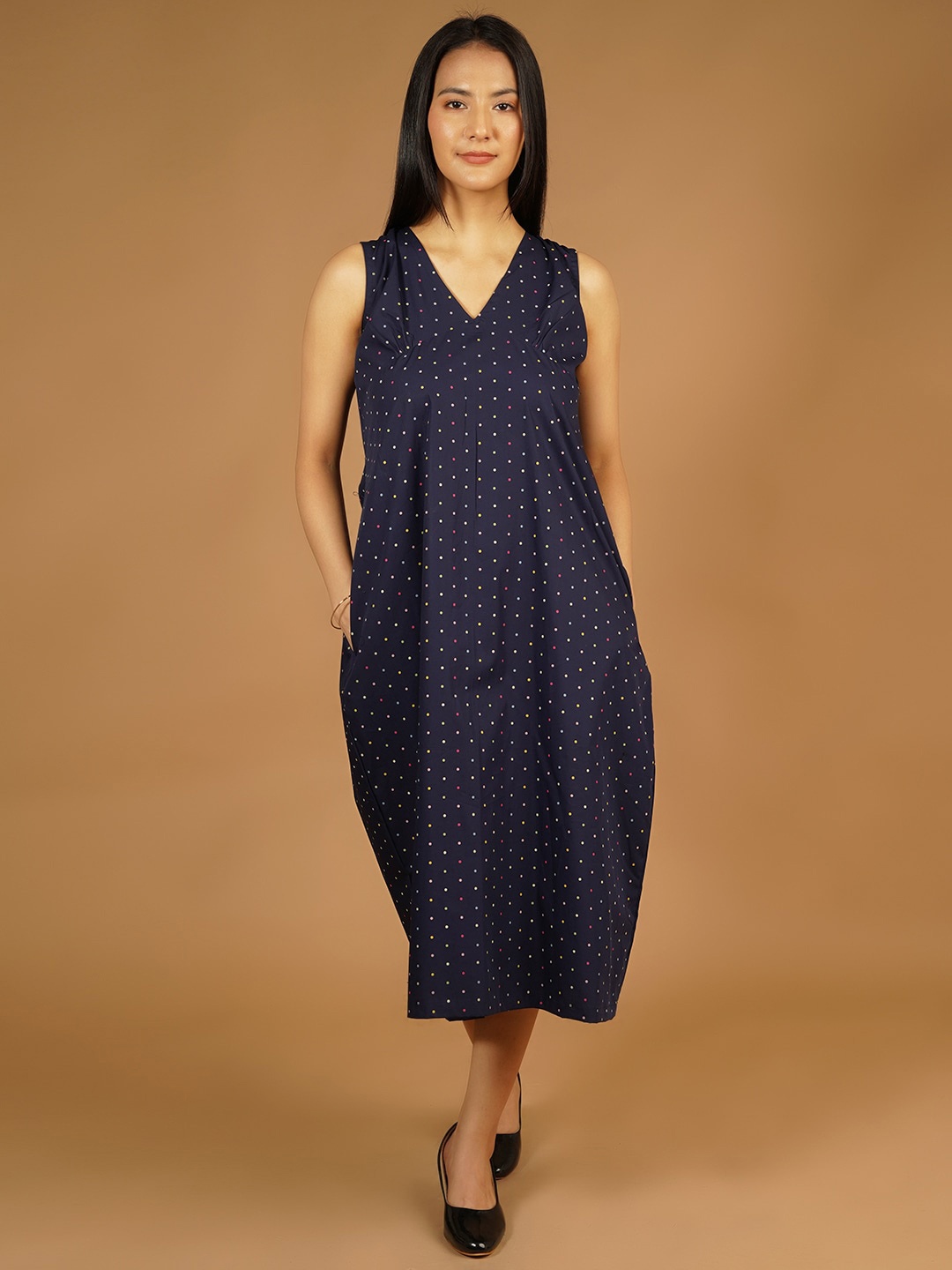 

Talethread Polka Dot Print V-Neck Cotton A-Line Midi Dress, Blue