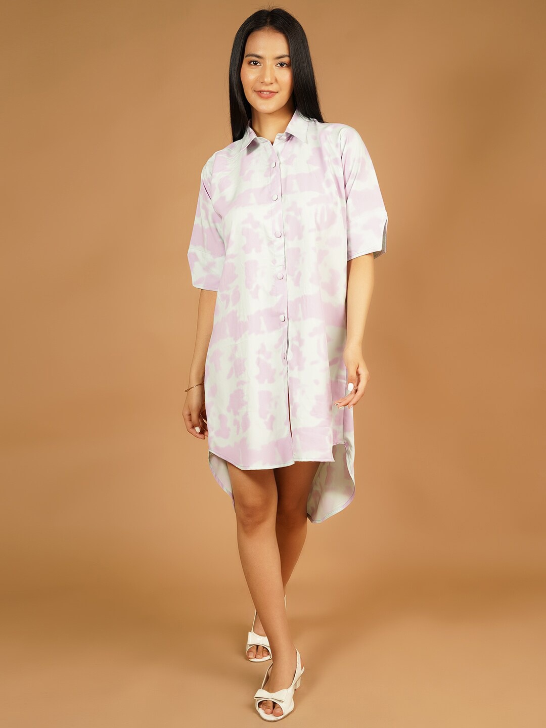 

Talethread Abstract Printed Slit Sleeves Pure Cotton Shirt Midi Dress, White