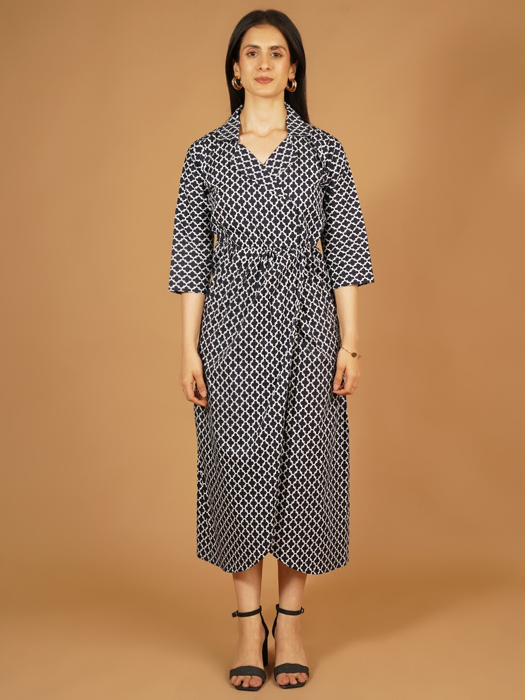 

Talethread Ethnic Motifs Print Shirt Collar Fit & Flare Cotton Midi Dress, Black
