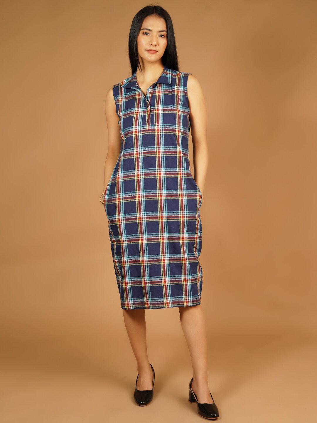 

Talethread Checked Shirt Collar Cotton A-Line Dress, Blue