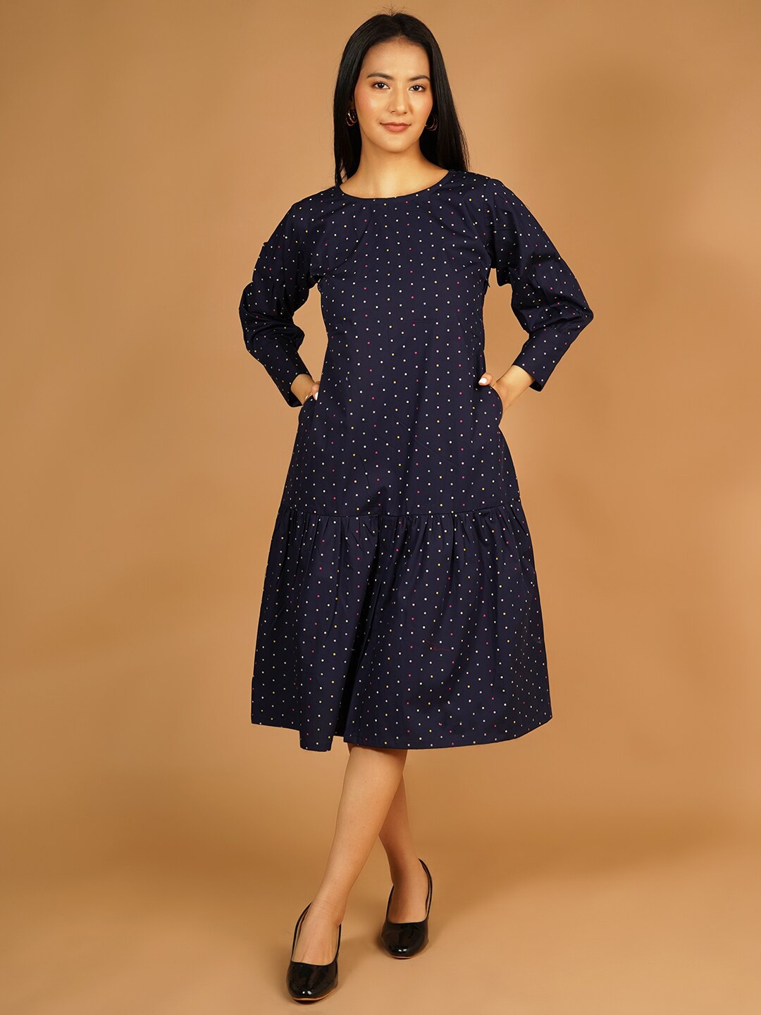 

Talethread Round Neck Polka Dot Print Fit & Flare Midi Dress, Blue