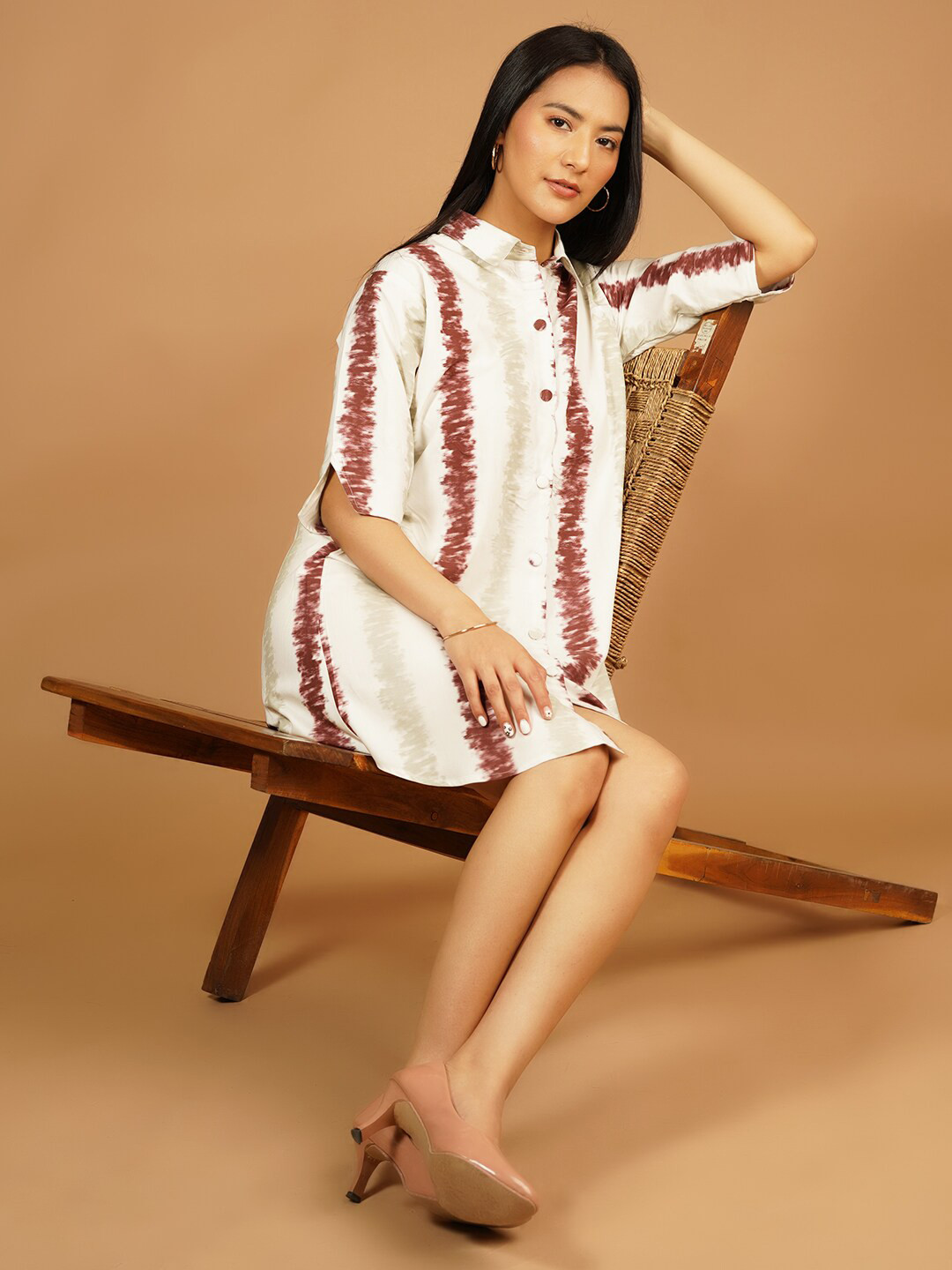 

Talethread Abstract Printed Slit Sleeves Pure Cotton Shirt Dress, White