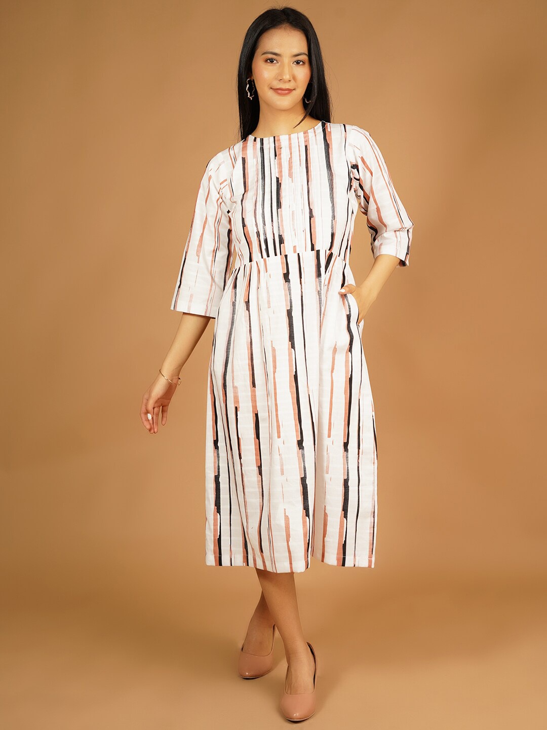

Talethread Round Neck Striped Cotton A-Line Midi Dress, White