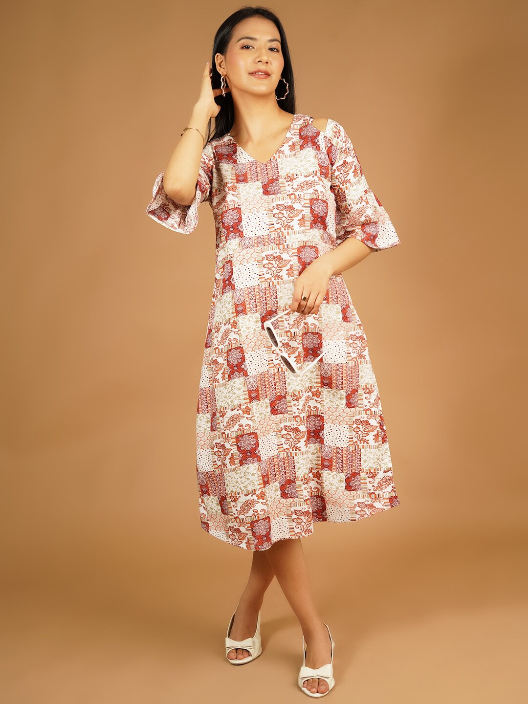 

Talethread V Neck Floral Printed Bell Sleeve Cotton Fit & Flare Midi Dress, White