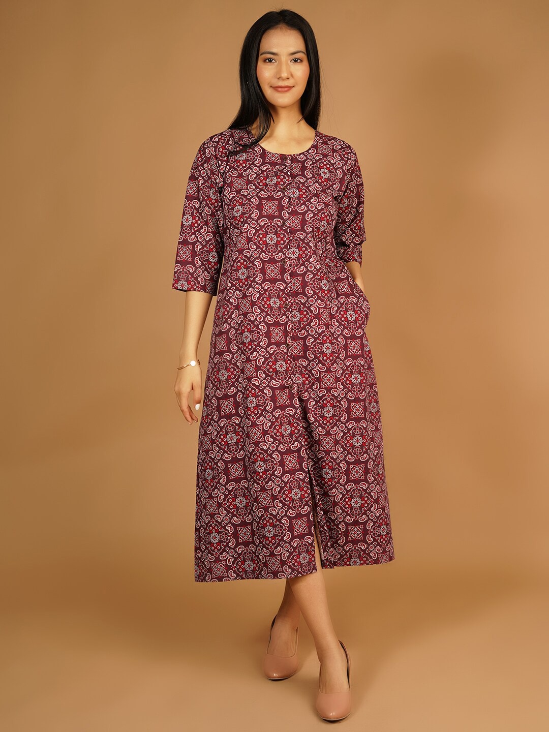 

Talethread Floral Printed Round Neck Pure Cotton A-Line Midi Dress, Red