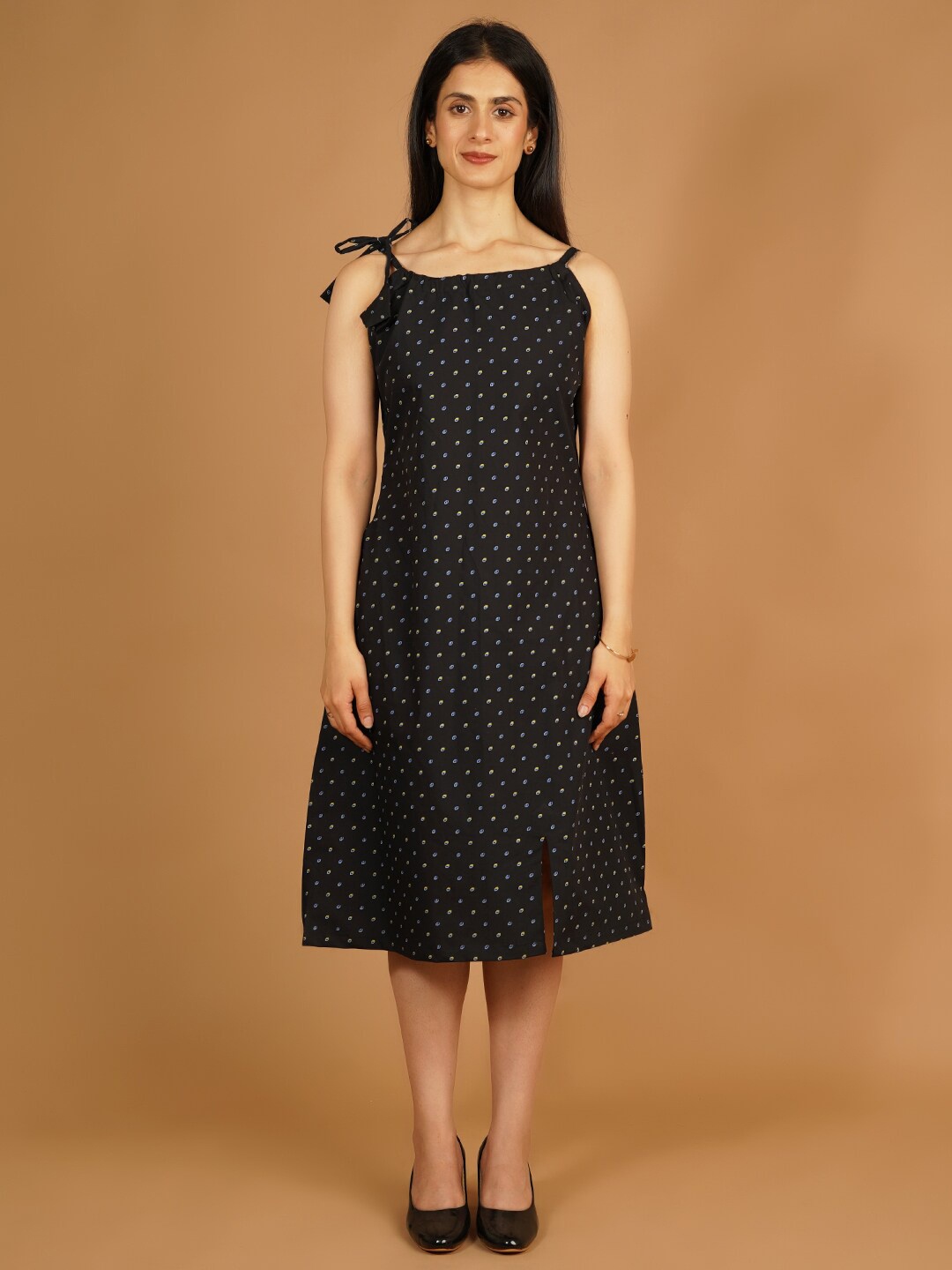 

Talethread Geometric Printed Shoulder Straps Pure Cotton A-Line Midi Dress, Black