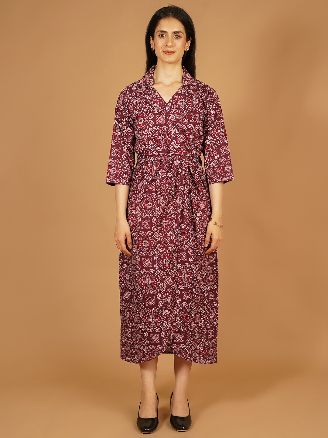 

Talethread Floral Printed Shirt Collar Cotton Wrap Dress, Red