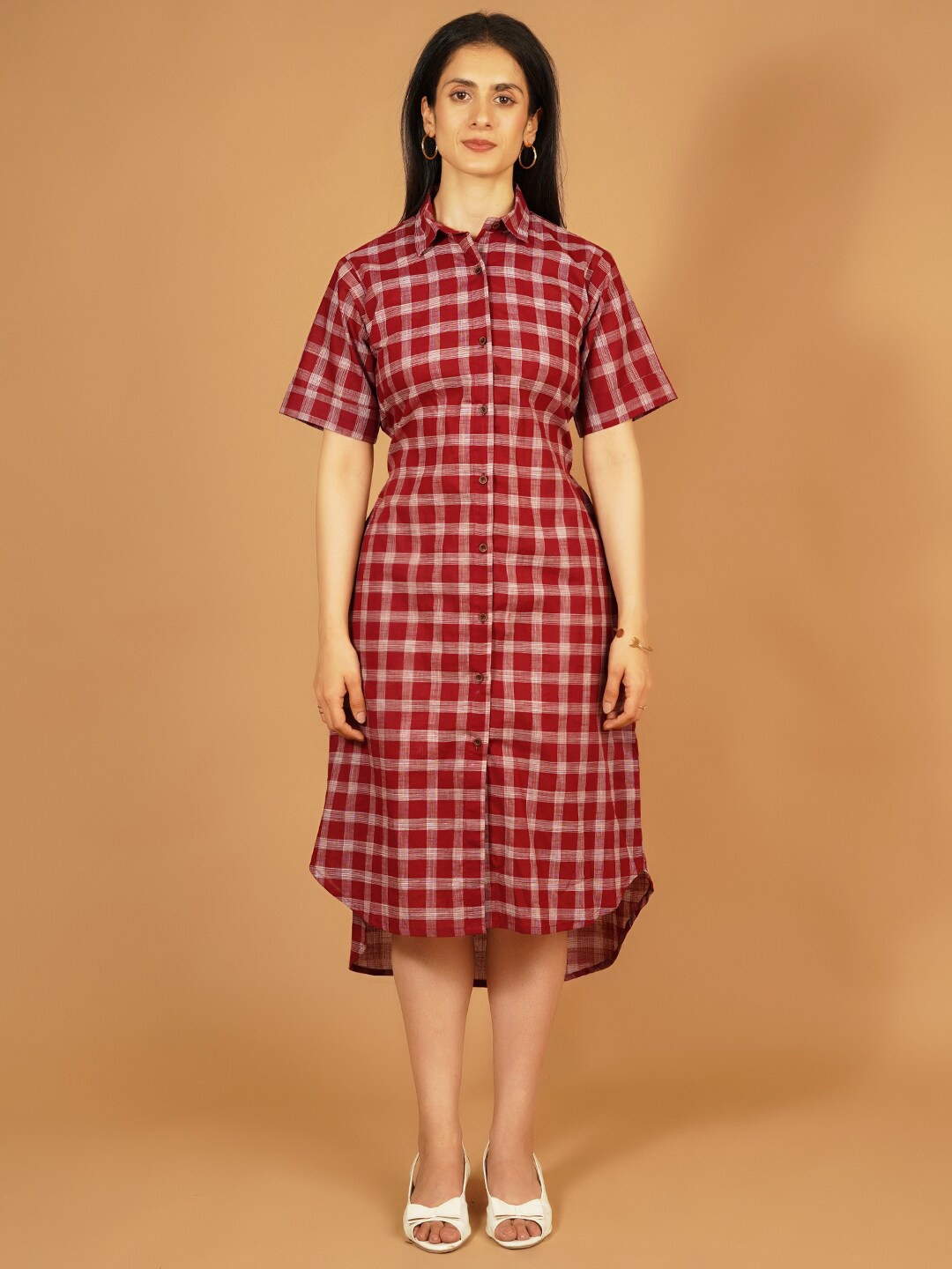 

Talethread Checked Pure cotton Shirt Midi Dress, Red