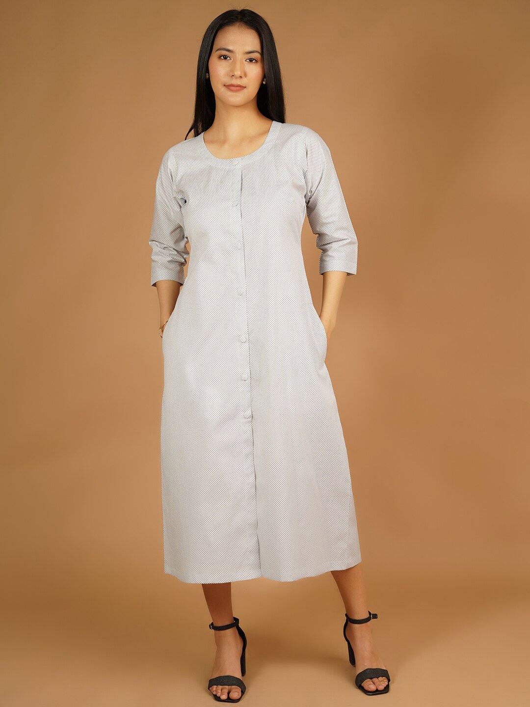 

Talethread Geometric Printed Pure Cotton A-Line Midi Dress, White
